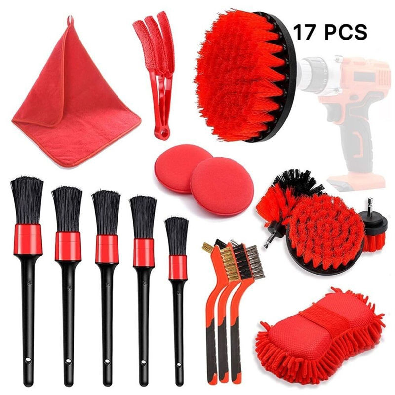 17pcs 레드 드릴 소프트 브러쉬 세트 자동차 휠 타이어 세척을위한 세부 브러쉬